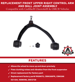 Replacement Front Upper Right Control Arm and Ball Joint Assembly - Compatible with Cadillac, Chevy and GMC Vehicles - Escalade, Silverado 1500, Suburban, Tahoe, Sierra 1500, Yukon - Replaces RK80670