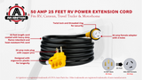 AA Ignition 50 Amp 25 Feet RV Power Extension Cord - NEMA 14-50P Male to NEMA SS2-50R Female - 125V/250V Cable Molded Connector and Twist Lock - Camper Van, Trailers, Motorhome, Caravan, Generator
