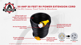 AA Ignition 50 Amp 50 Feet RV Power Extension Cord - NEMA 14-50P Male to NEMA SS2-50R Female - 125V/250V Power Cable with Molded Connector Twist Lock - Camper, Trailer, Motorhome, Caravan, Generator