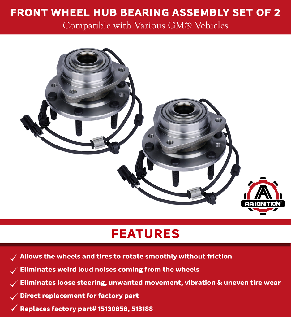 Replacement Front Wheel Hub Bearing Assembly Set of 2 - Compatible with Chevy, Buick, GMC Vehicles - Rainier, SSR, Trailblazer, Envoy, Bravada, 9-7x - Replaces 951-056, 12413037, 15130858, 513188
