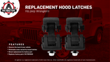 Hood Latches Set of 2 - Replaces 55176636AD, 68038118AA, 42422 - Fits 1997, 1998, 1999, 2000, 2001, 2002, 2003, 2004, 2005, 2006 Jeep Wrangler TJ - Hold-Down Hook Latch Pair - Year Models 1997-2006