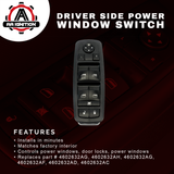 Driver Side Master Power Window Switch - Compatible with Dodge and Jeep Vehicles - 2008-2012 Nitro and Liberty, 2009-2010 Journey - Replaces Part 4602632AH, 4602632AF, 4602632AB, 4602632AG - 8 Pins