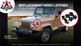 Hood Latches Set of 2 - Replaces 55176636AD, 68038118AA, 42422 - Fits 1997, 1998, 1999, 2000, 2001, 2002, 2003, 2004, 2005, 2006 Jeep Wrangler TJ - Hold-Down Hook Latch Pair - Year Models 1997-2006