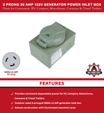3 Prong 30 Amp 125/250V Generator Power Inlet Box - NEMA L5-30