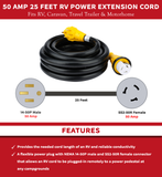 AA Ignition 50 Amp 25 Feet RV Power Extension Cord - NEMA 14-50P Male to NEMA SS2-50R Female - 125V/250V Cable Molded Connector and Twist Lock - Camper Van, Trailers, Motorhome, Caravan, Generator