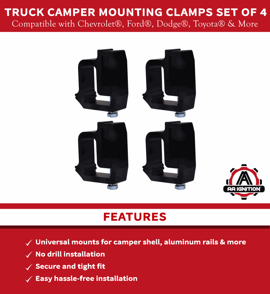 Truck Camper Mounting Clamps Set of 4 - Compatible with Chevy, Ford, Dodge and Toyota Trucks - Tundra, Dakota, Ram, Sierra, Silverado, Avalanche, F150, 1500, 2500, 3500 - Universal Camper Shell Lock