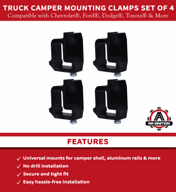Truck Camper Mounting Clamps Set of 4 - Compatible with Chevy, Ford, Dodge and Toyota Trucks - Tundra, Dakota, Ram, Sierra, Silverado, Avalanche, F150, 1500, 2500, 3500 - Universal Camper Shell Lock