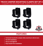 Truck Camper Mounting Clamps Set of 4 - Compatible with Chevy, Ford, Dodge and Toyota Trucks - Tundra, Dakota, Ram, Sierra, Silverado, Avalanche, F150, 1500, 2500, 3500 - Universal Camper Shell Lock