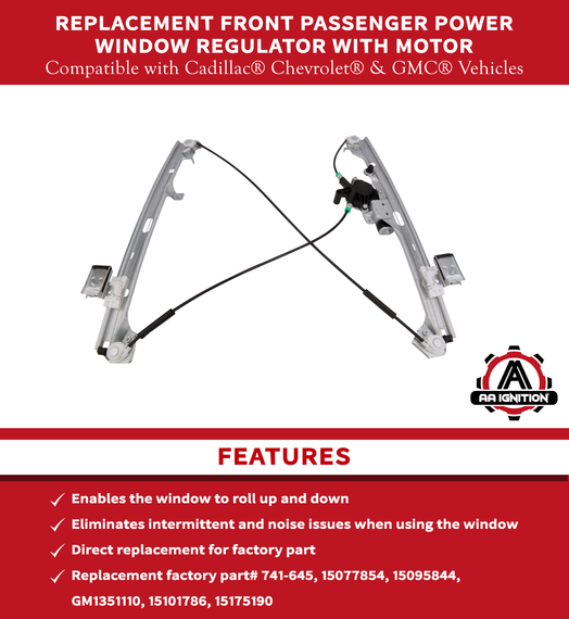 Replacement Front Passenger Power Window Regulator with Motor - Compatible with Cadillac, Chevy, GMC - Escalade, Silverado 1500HD, Suburban 2500, Tahoe, Sierra 3500 Classic, Yukon - Replaces 741-645