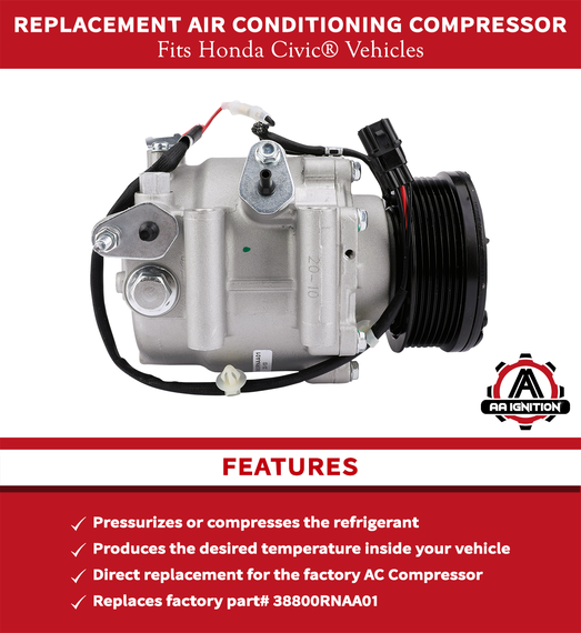 AC Compressor - A/C Compressor Compatible with Honda Civic 2006-2011, 1.8L - Replaces 38810RRBA01, 38800-RNA-A010-M, 38800-RNB-A02, 38800RNAA010M2, 38800RNAA01 - HVAC Air Conditioning Compressor