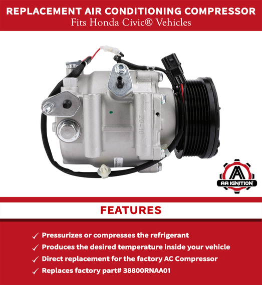 Replacement AC Compressor - Replaces 38810RRBA01 for Honda Civic