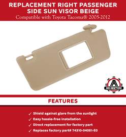 Right Passenger Side Sun Visor Beige Without Light - Replaces 74310-04081-E0 for Toyota