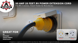 AA Ignition 50 Amp 25 Feet RV Power Extension Cord - NEMA 14-50P Male to NEMA SS2-50R Female - 125V/250V Cable Molded Connector and Twist Lock - Camper Van, Trailers, Motorhome, Caravan, Generator