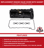 Replacement Engine Valve Cover with Gasket - Compatible with BMW - 2007-2013 - 2.5L, 3.0L - N51 & N52 Engines, 128i, 323i, 328i, 328xi, 525xi, 528i, 528xi, 530i, 530xi, X3, X5, Z4 Replaces 11127552281