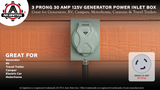 3 Prong 30 Amp 125/250V Generator Power Inlet Box - NEMA L5-30