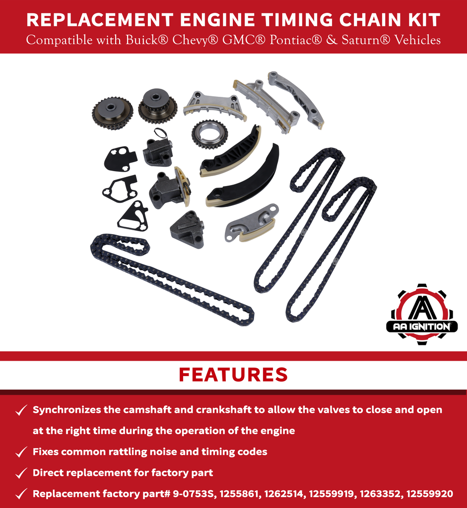Engine Timing Chain Kit - Compatible with Buick, Cadillac, Chevy, GMC, Saab, Suzuki - 2.8, 3.0L, 3.2L, 3.6L - Enclave, LaCrosse, CTS, SRX, Caprice, Equinox, Terrain, 9-3, Outlook - Replaces 9-0753S