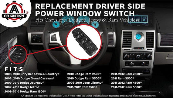 Jeffergarden Interrupteur de fenêtre principal cté conducteur avant gauche  pour Dodge Ram 2009-2012 4602863AD 4602863AB
