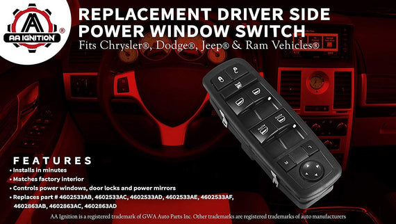 Jeffergarden Interrupteur de fenêtre principal cté conducteur avant gauche  pour Dodge Ram 2009-2012 4602863AD 4602863AB